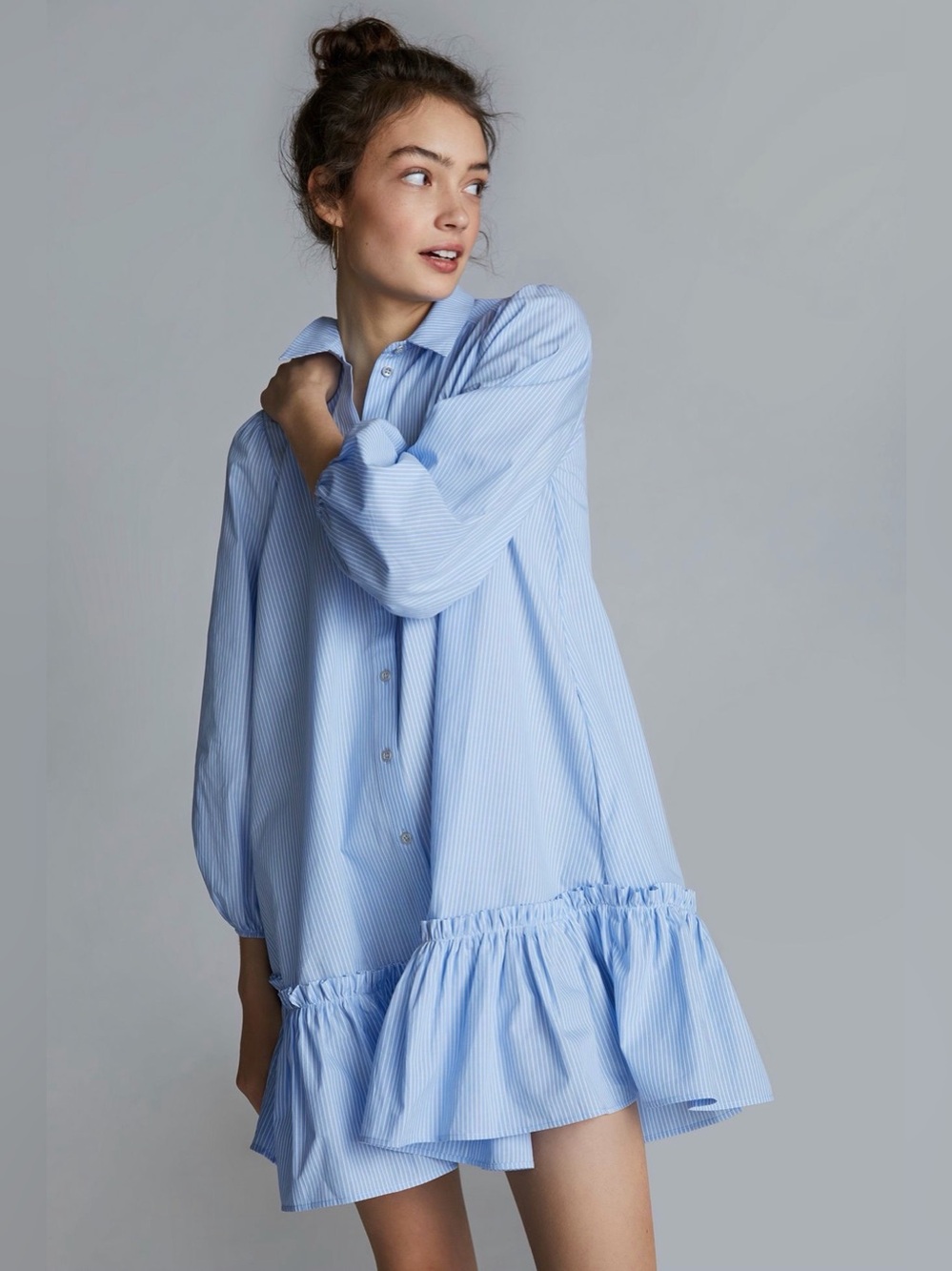Maeve Anthropologie Sally Tunic Dress Womens Size XS Blue Stripe Ruffle Hem